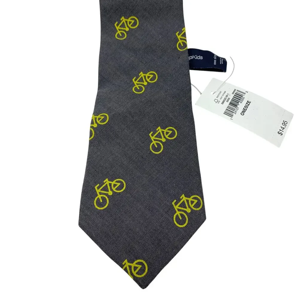 Gap Kids Boys One Size Fits All Tie Dark Gray Yellow Bicycle Novelty Print NEW
